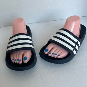 Adidas Adilette. Unisex Aqua Slides Flip Flops Navy Blue White Stripe  M 8, W 9
